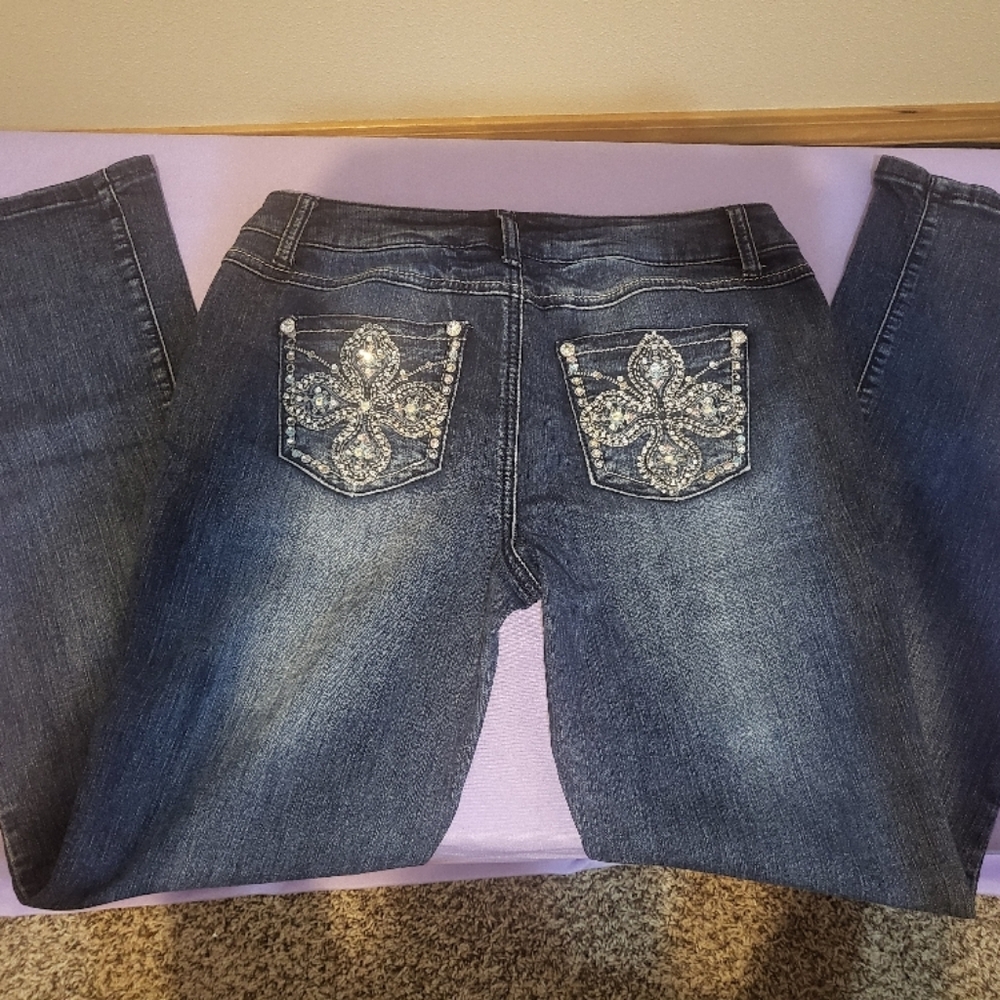 Blue Boot Cut Jeans with Embellished Back Pockets